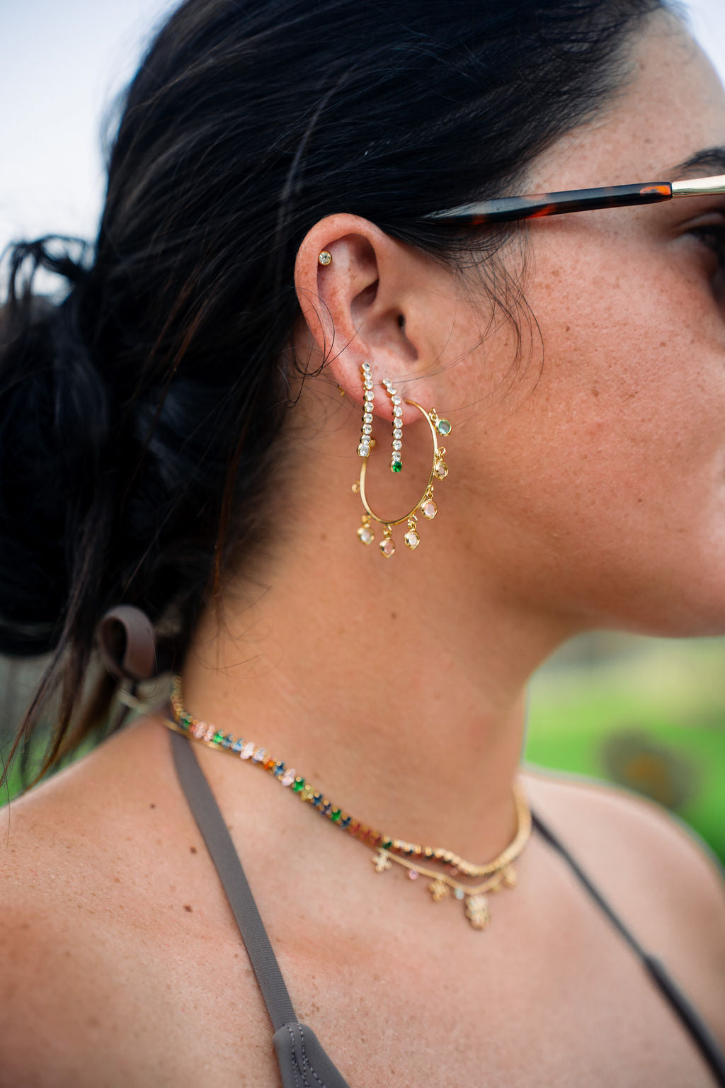 18K Gold Filled Open Hoop Dangle Stud Earrings with Multicolor Stones