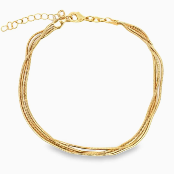 Gold bracelet with multiple strands on a white background