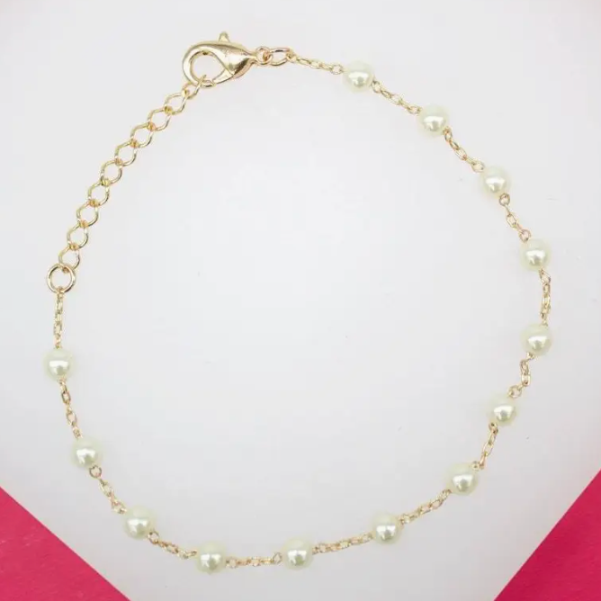 18K Gold Filled Delicate 4mm Synthetic Pearl Paper Clip Necklace & Bracelet