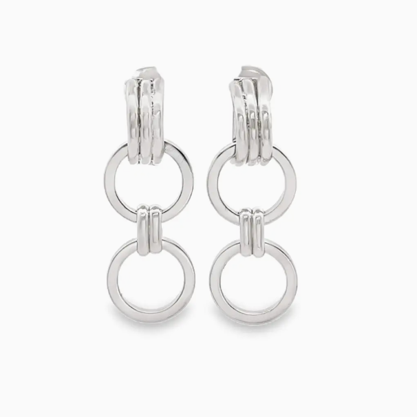 Pair of silver hoop earrings with interlocking rings on a white background