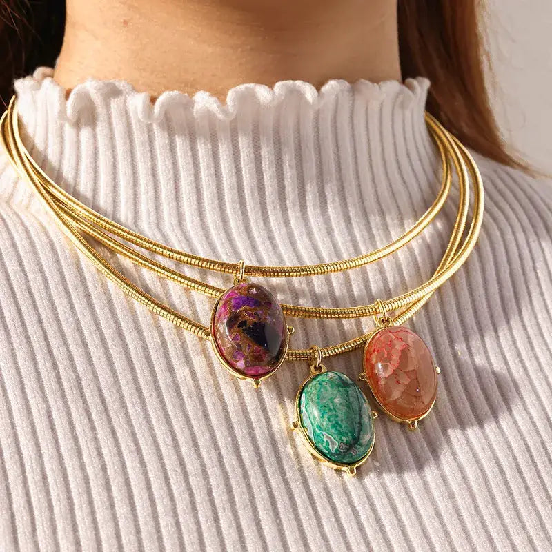 Oval Natural Stone Choker Necklace