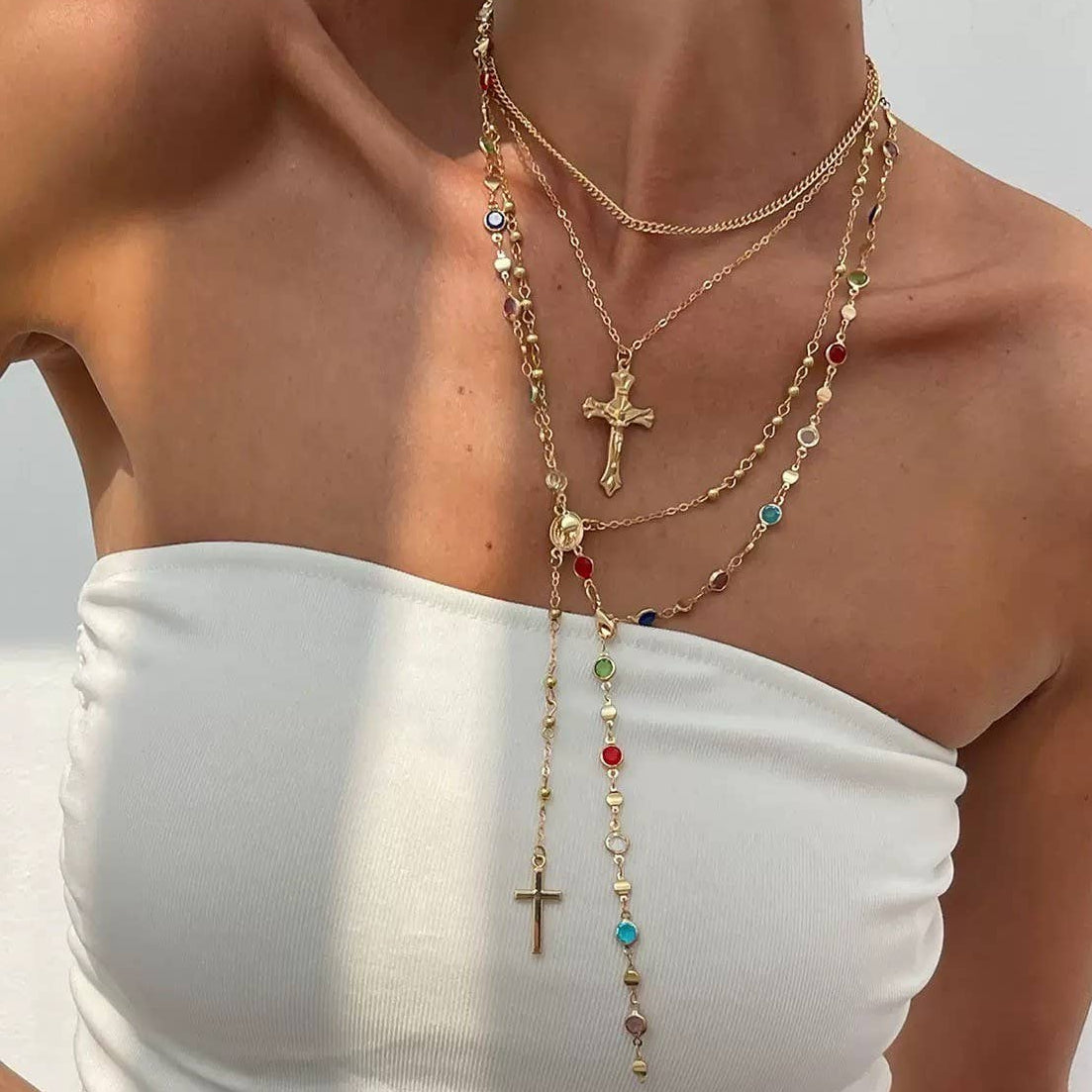 Riggs Multi Stone Cross Lariat Layer Necklace