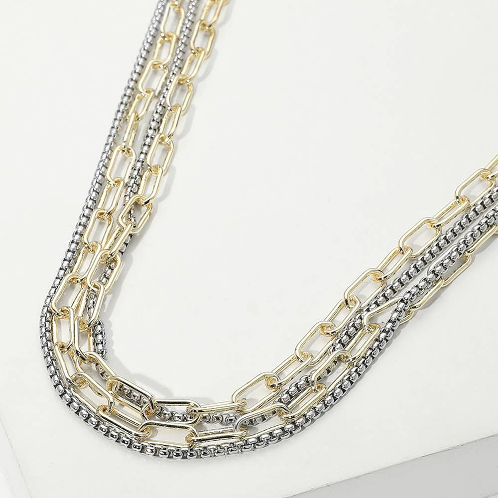 14K Gold Plated Two Tone Mixed Chain Layered Necklace