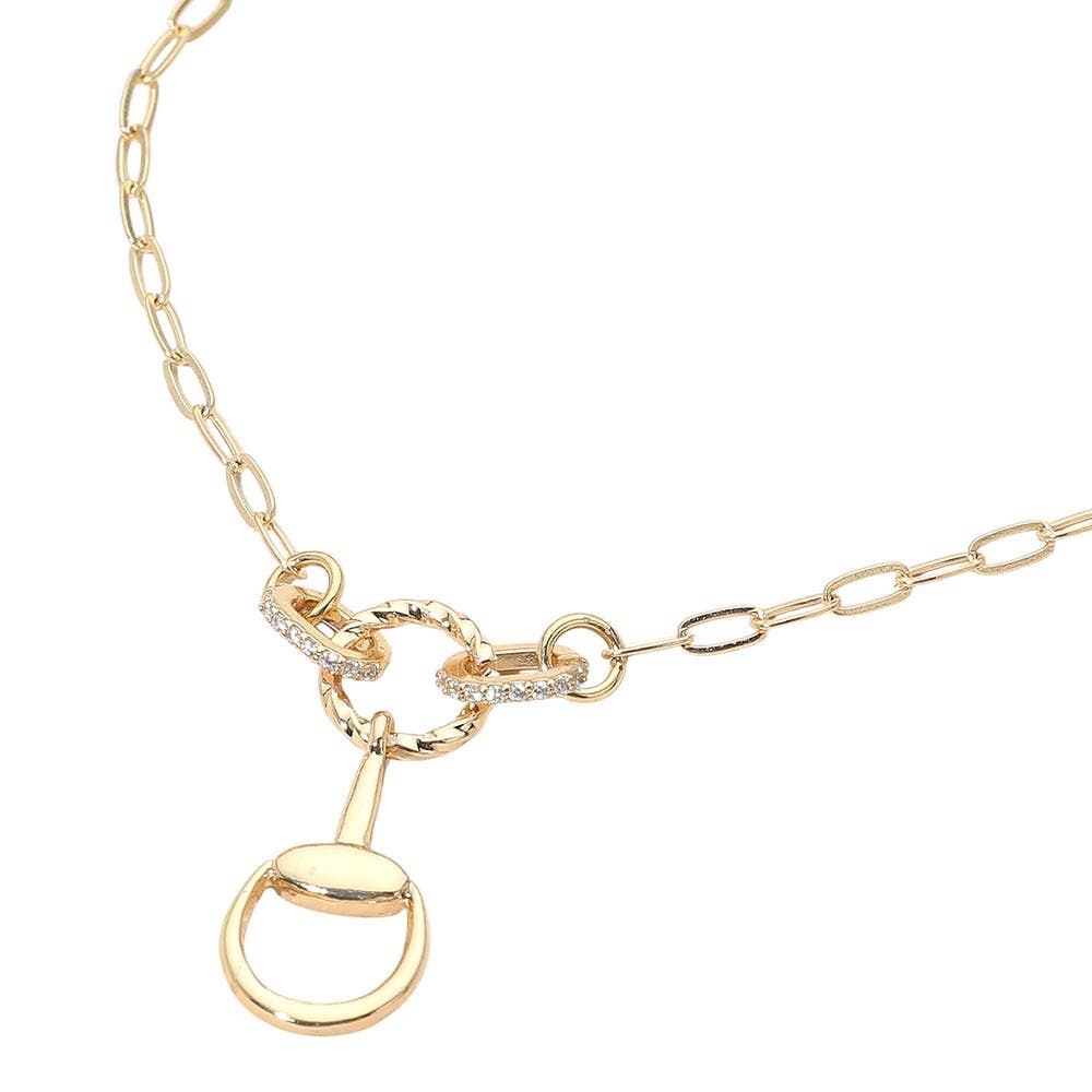Rhinestone Paved Horsebit Link Paperclip Chain Necklace