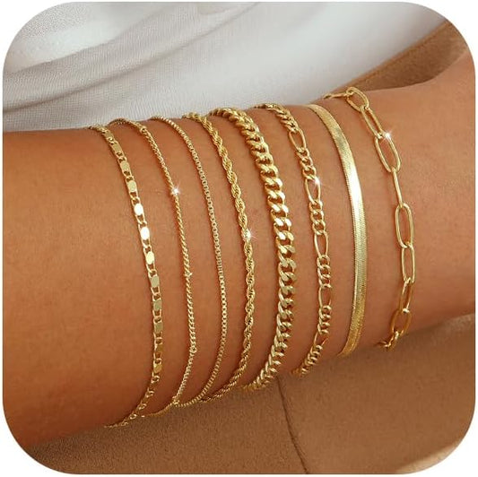 14K Gold Plated Dainty Layered Stackable Bracelet Set