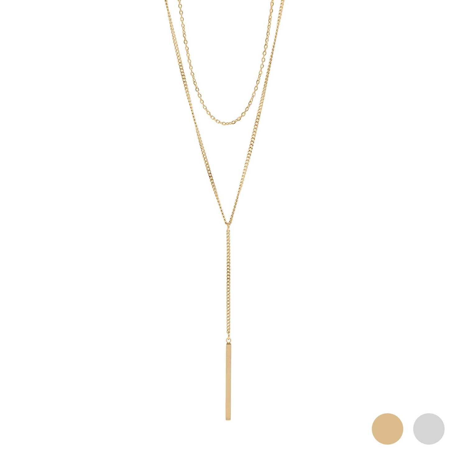 18K Gold Bar Pendant Layered Lariat Necklace