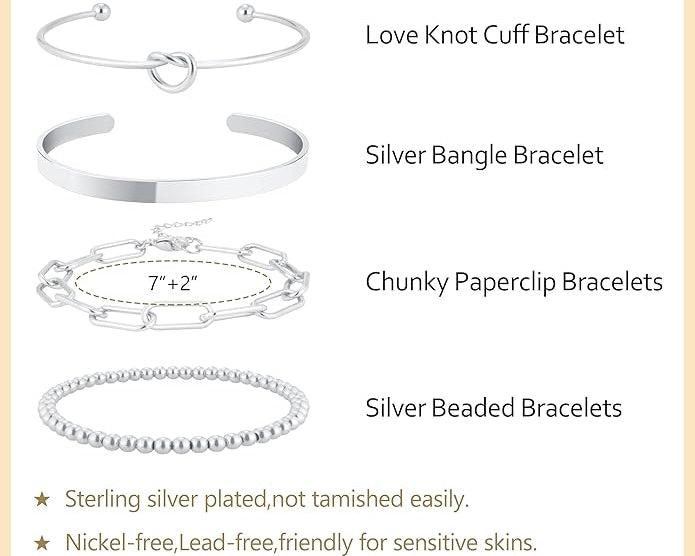 Silver Bangle Cuff Bracelet Set