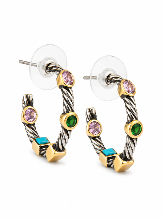 Multi Color CZ Two Tone Hoop Earrings