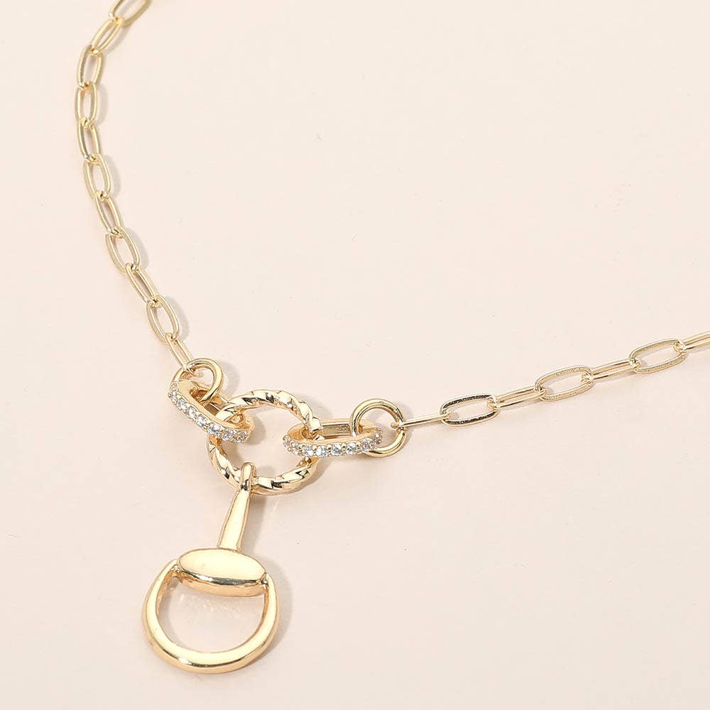 Rhinestone Paved Horsebit Link Paperclip Chain Necklace