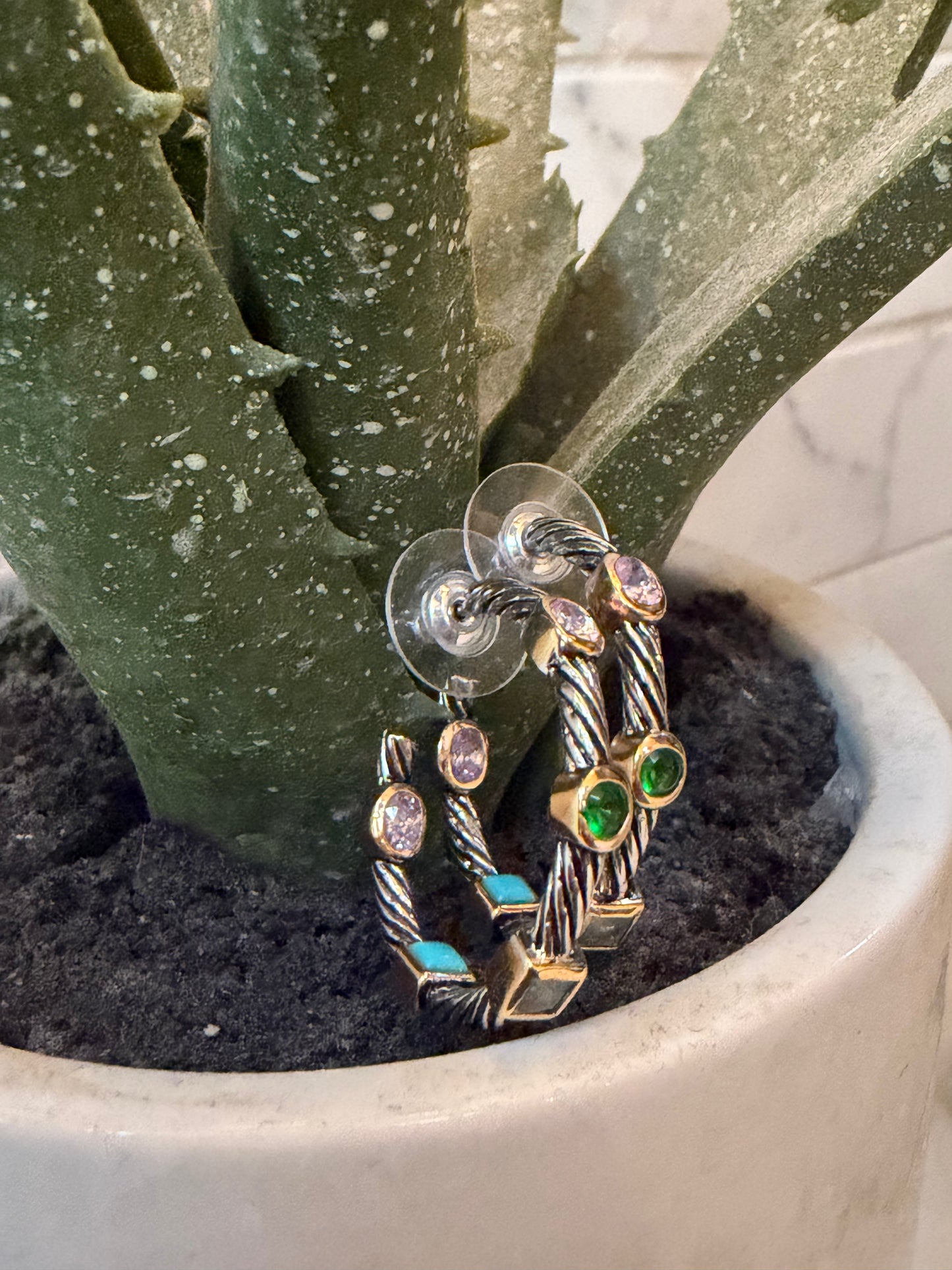 Multi Color CZ Two Tone Hoop Earrings