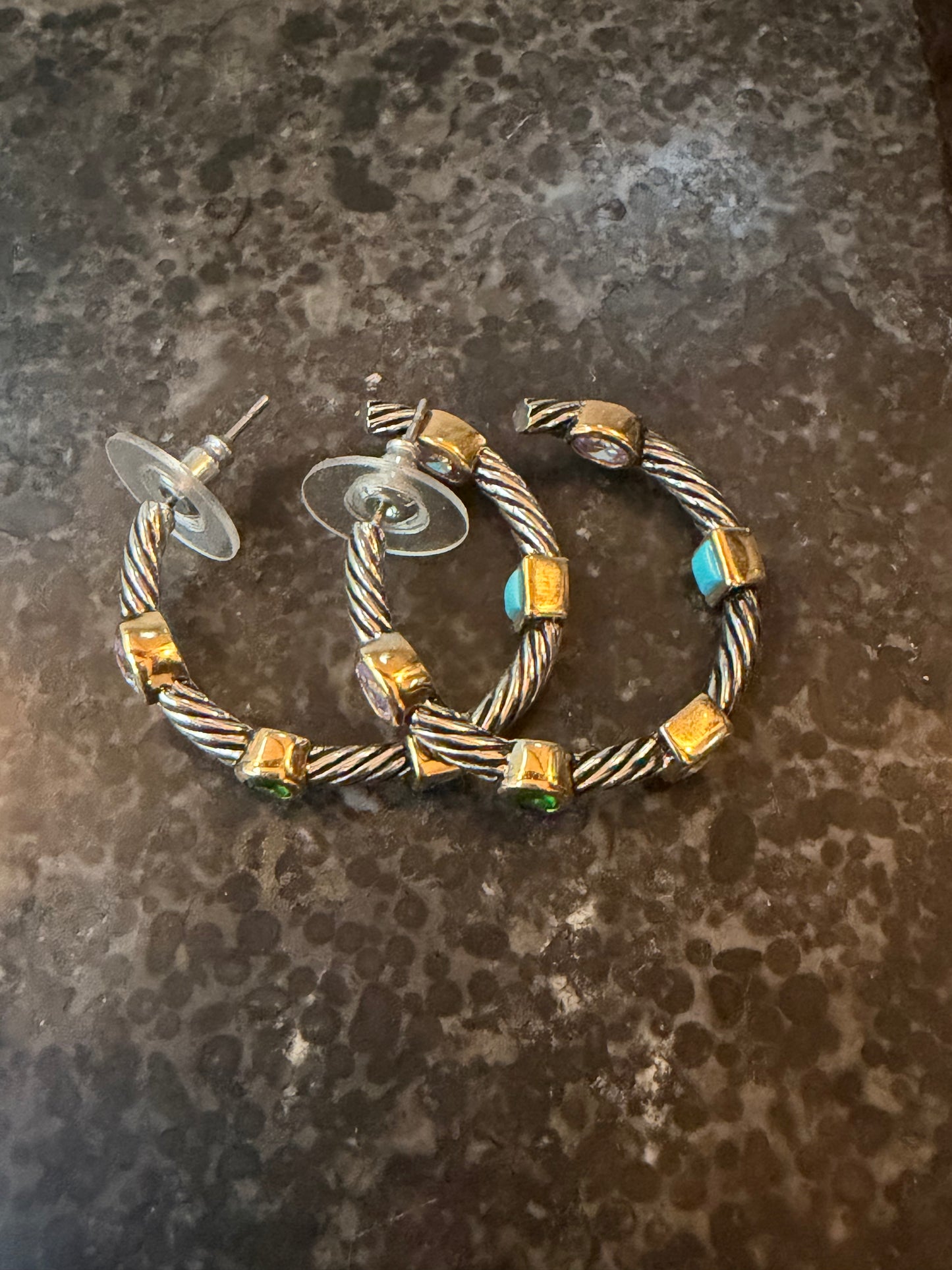 Multi Color CZ Two Tone Hoop Earrings