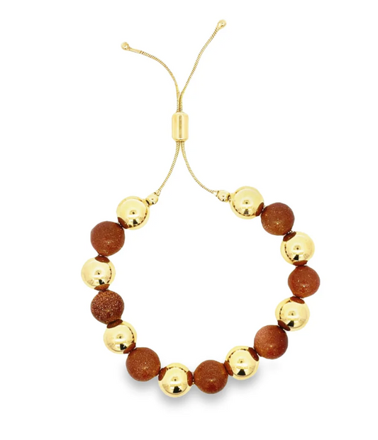 18K Gold Filled Two Toned Brown Aventurine Bead Adjustable Bracelet