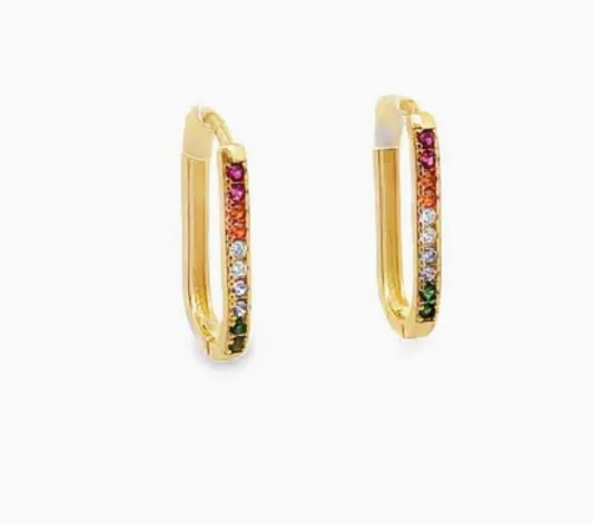 Half Multicolored Cz Paved Oval Link Latch Back Huggies