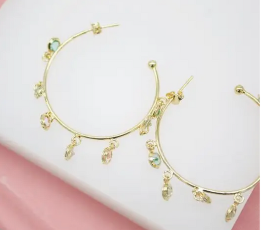 18K Gold Filled Open Hoop Dangle Stud Earrings with Multicolor Stones