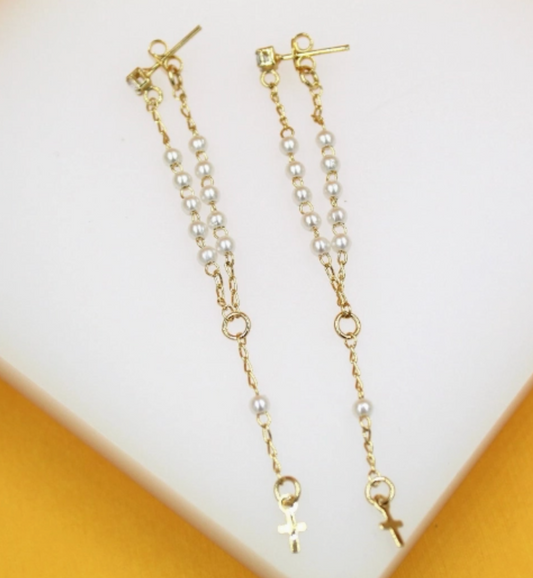 18K Gold Filled Pearl Rosary Dangle Earrings