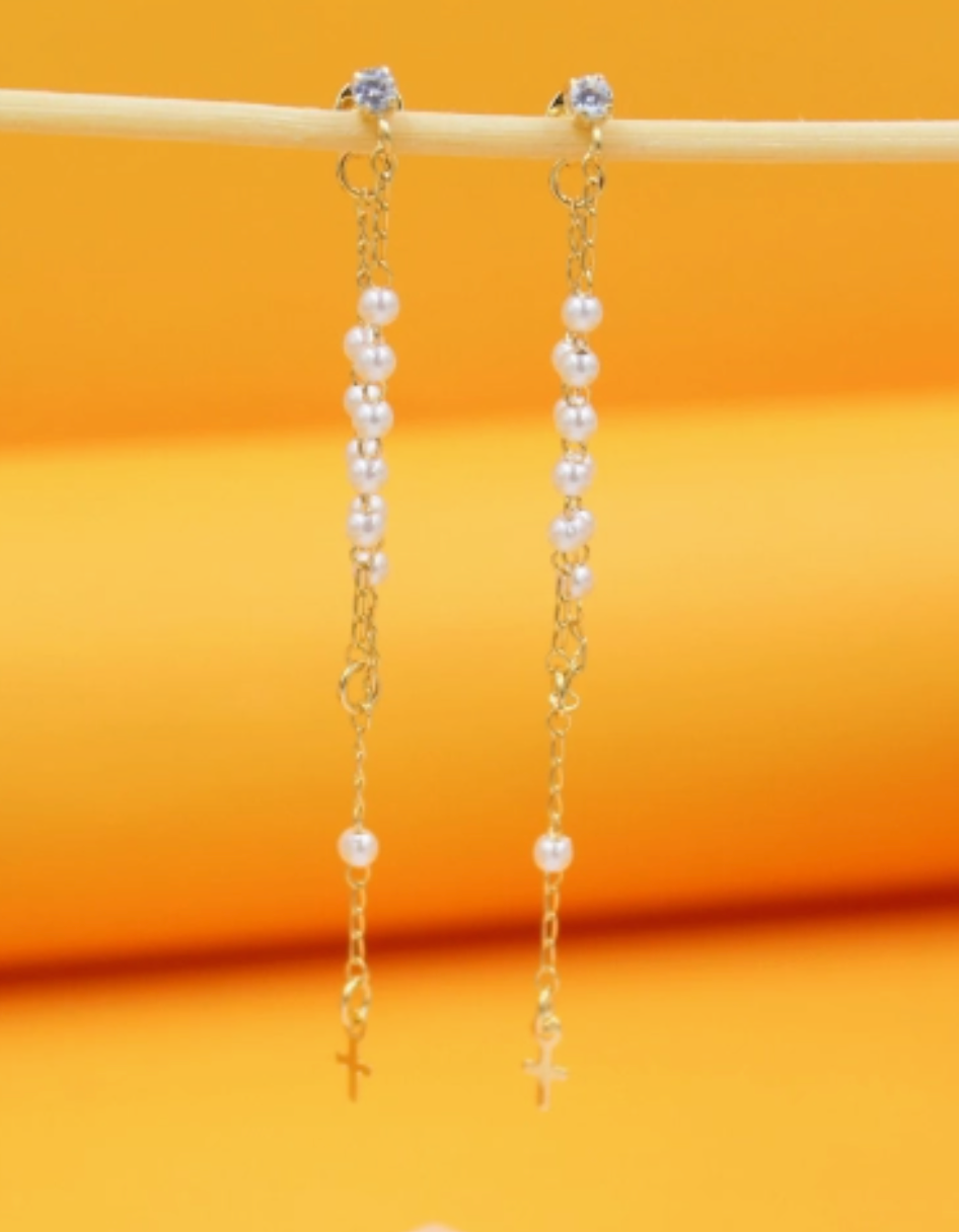 18K Gold Filled Pearl Rosary Dangle Earrings