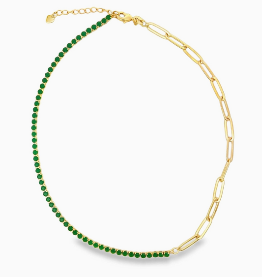 Colored Cz Half Tennis Paperclip Chain Necklace & Bracelet
