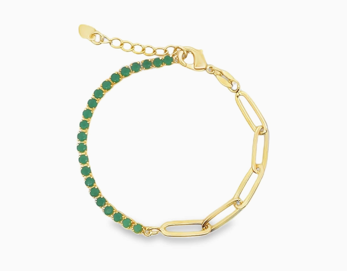 Colored Cz Half Tennis Paperclip Chain Necklace & Bracelet