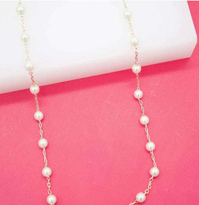 18K Gold Filled Delicate 4mm Synthetic Pearl Paper Clip Necklace & Bracelet
