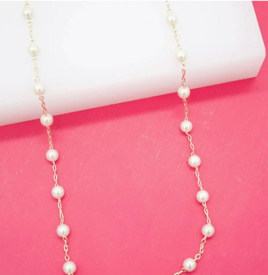 18K Gold Filled Delicate 4mm Synthetic Pearl Paper Clip Necklace & Bracelet