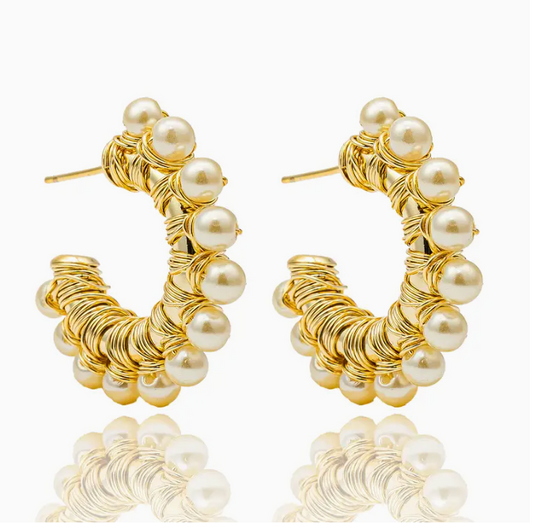 18K Gold Filled Pearl Wire Wrapped Hoop Earrings