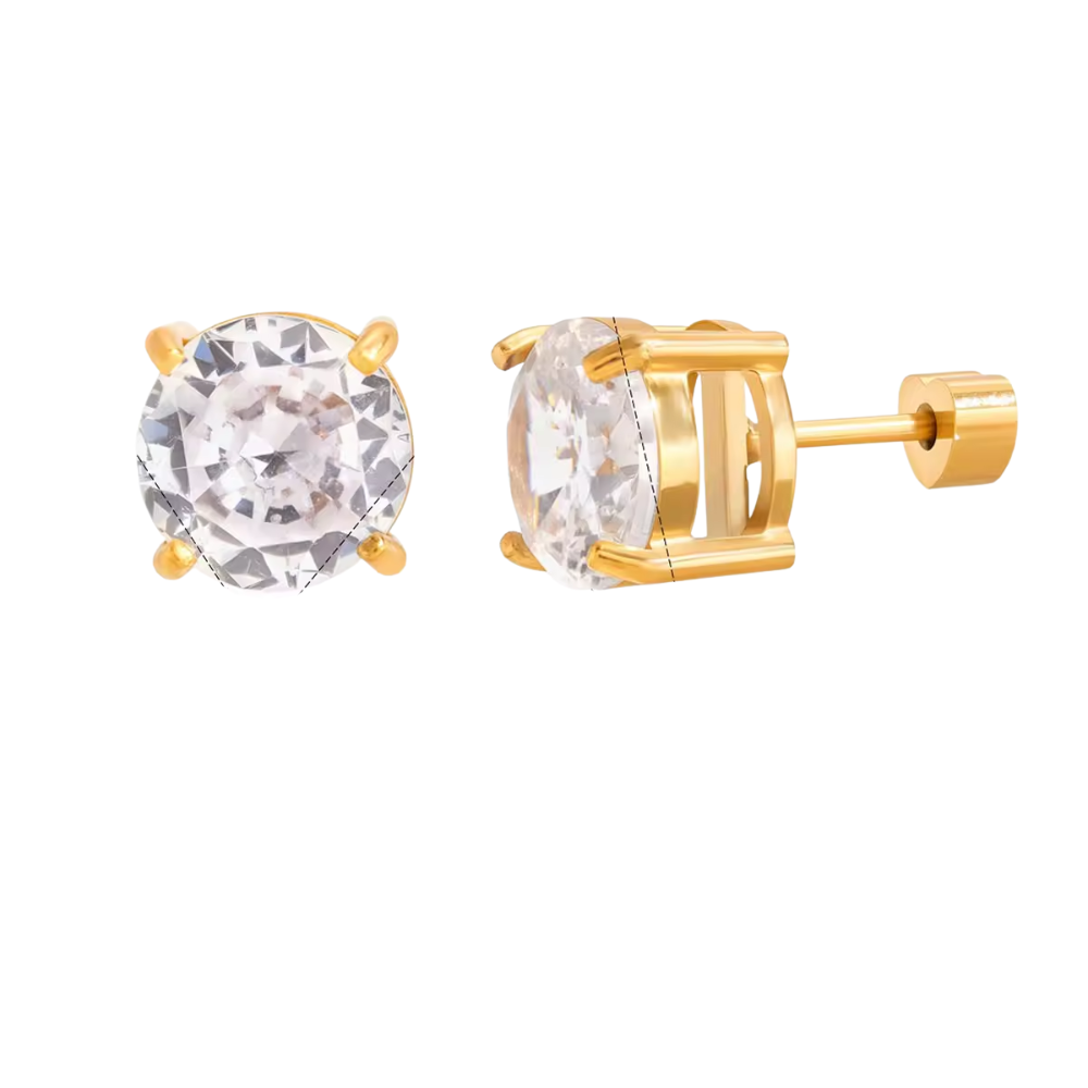 Gold earrings with clear gemstones on a white background