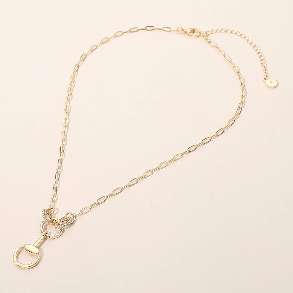 Rhinestone Paved Horsebit Link Paperclip Chain Necklace