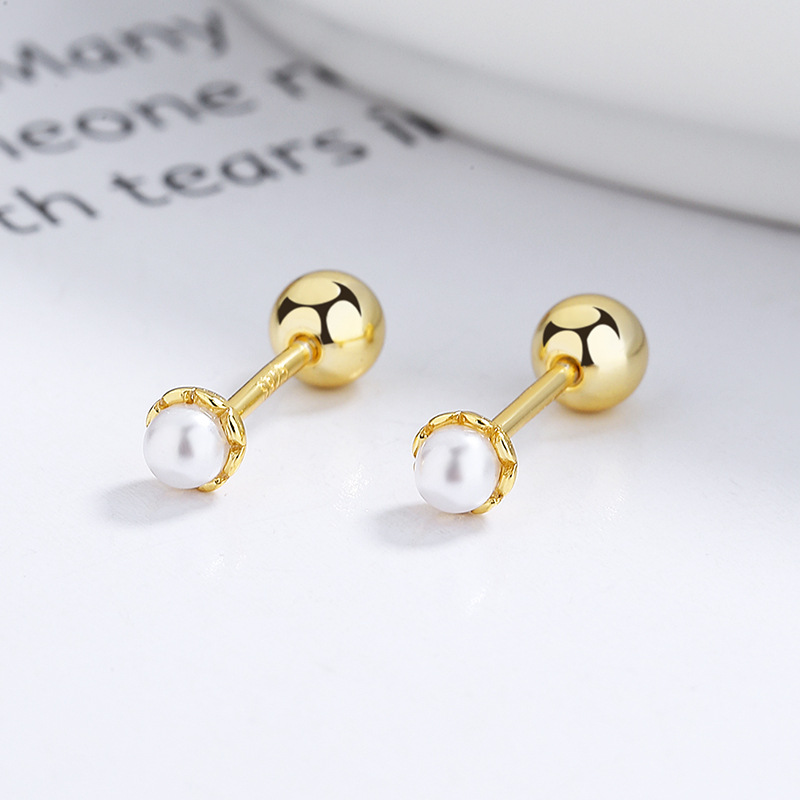 Tiny Small Pearl Flower Stud Earrings in 925 Sterling Silver