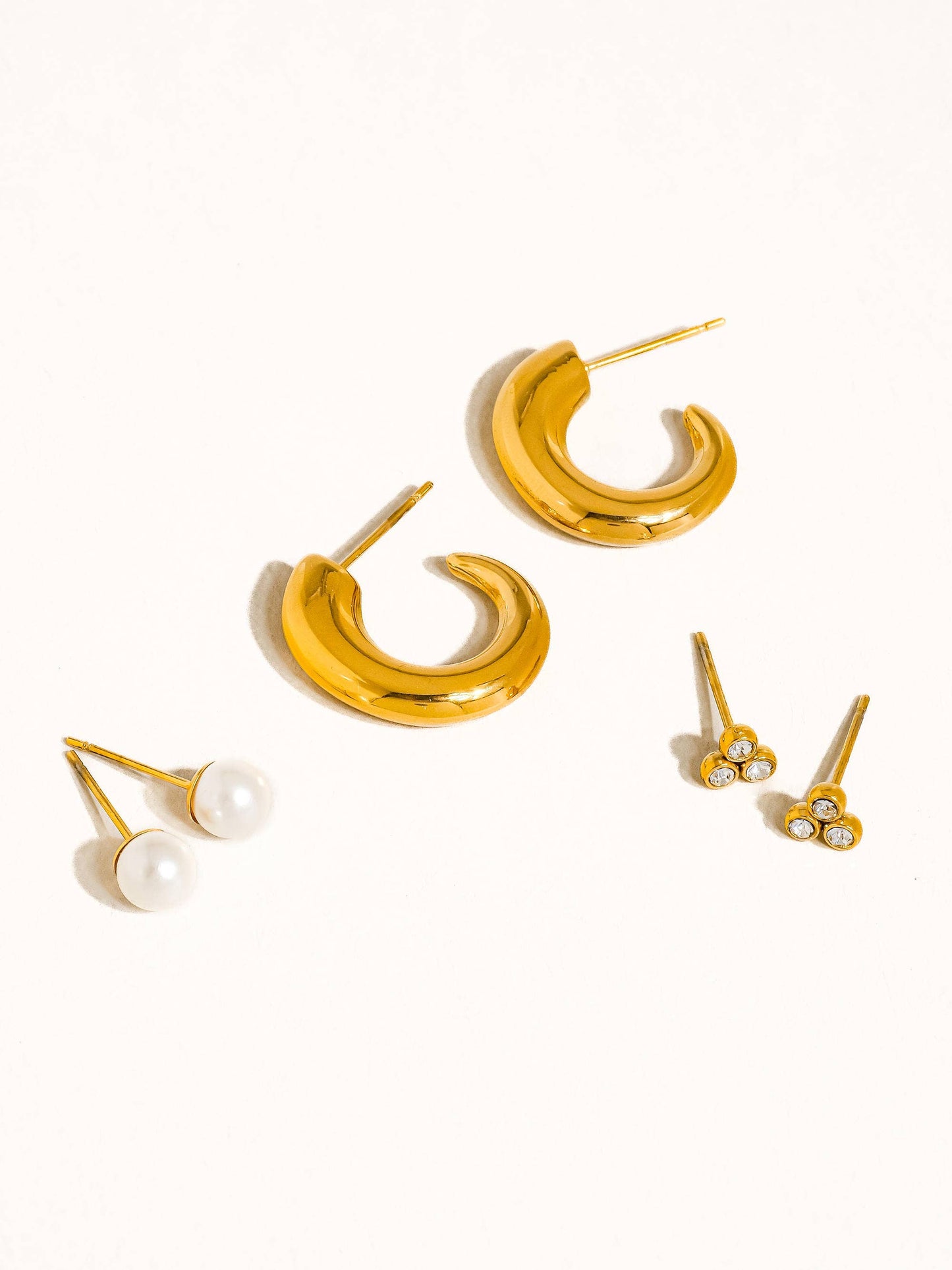 Carine 18K Gold Hoops, Pearl, CZ Earring Set