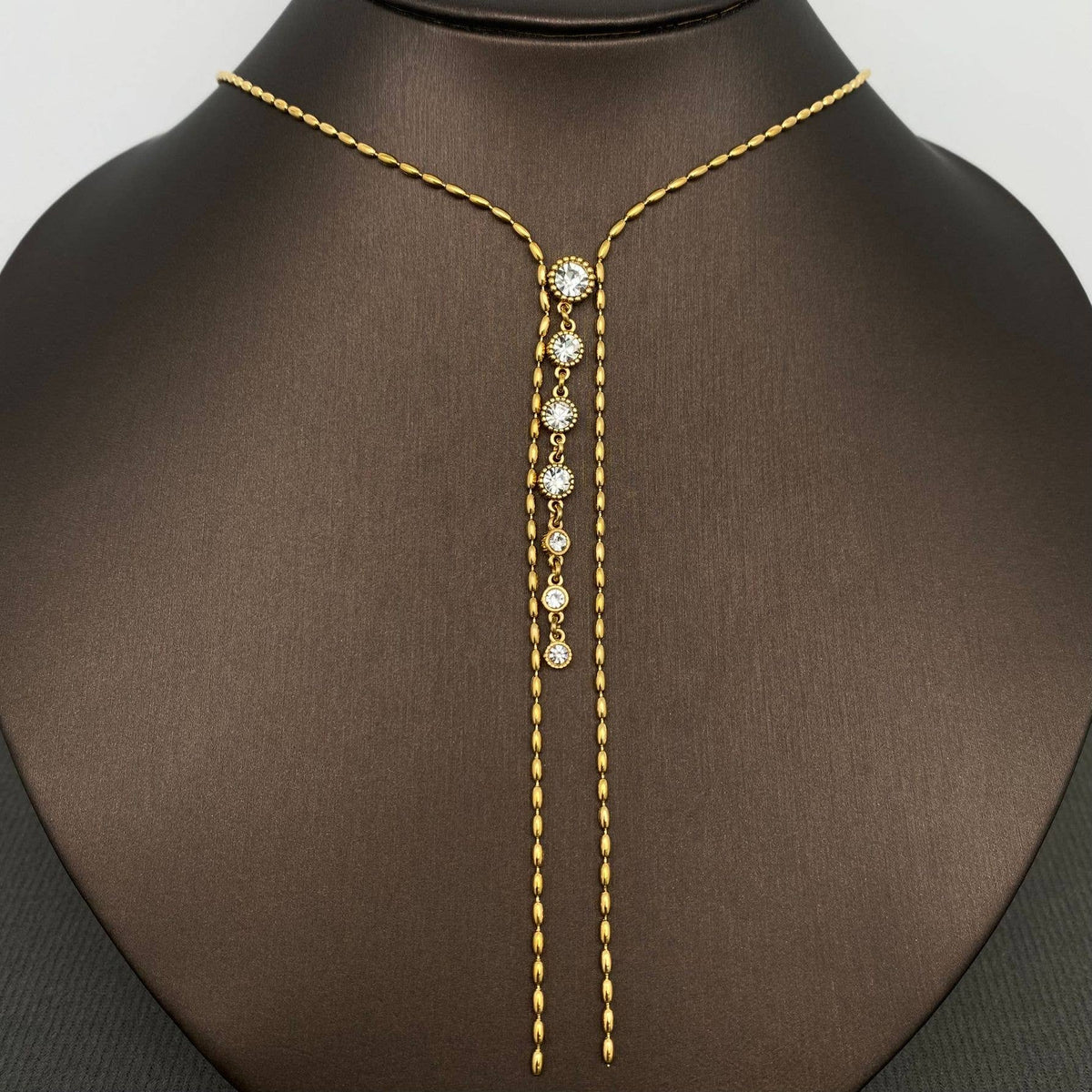 Roud Zircon Fringe SS Lariat Necklace - FGS